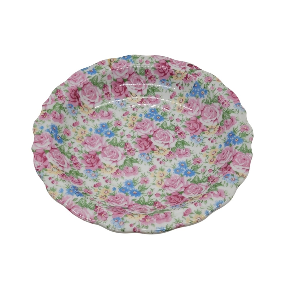 Vintage Norcrest Chintz Rose Floral Bowl Scalloped Edge Japan Pink Blue 7.5 Inch